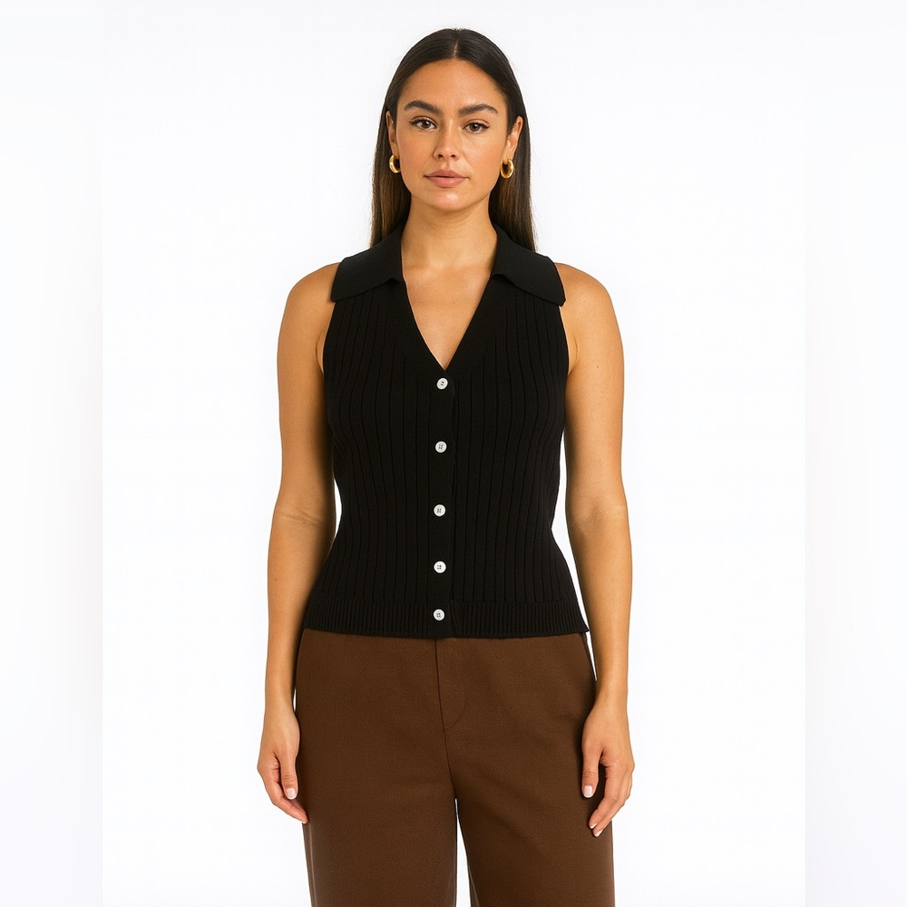 Elegant Black Ribbed Sleeveless Blouse NWOT